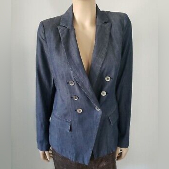 WHBM | Women's Double-Breasted Blue Blazer, Size 4P - Picture 1 of 8